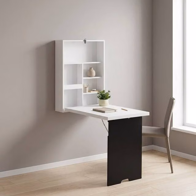 STILVORA Wall-Mounted Folding Writing Desk with Storage in White – 1