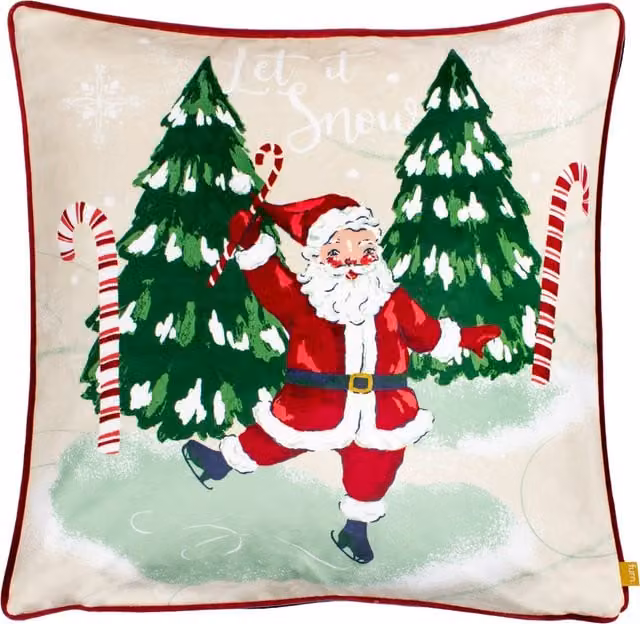 Jolly Santa Let It Snow Printed Piped Velvet Cushion in Ruby Red and Multicolour