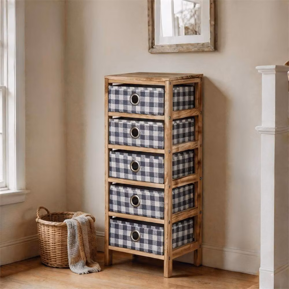 Nordara Wooden 5-Drawer Chest with Plaid Fabric in Brown and Blue, W: 100 cm, D: 100 cm – 3