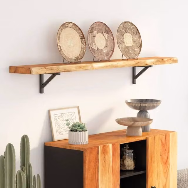 Berkfield Home Rectangular Solid Wood Acacia Live Edge Wall Shelf, Brown, W: 160 cm, D: 20 cm, H: 2.5 cm