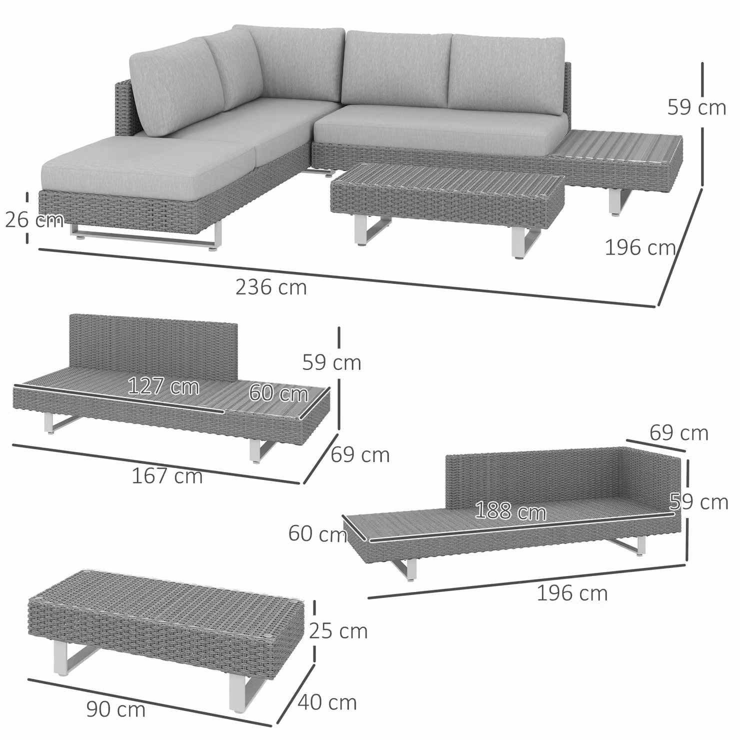 Outsunny 5-Seater L-Shape Rattan Wicker Sofa Set with Coffee Table and Cushions in Light Grey – 3