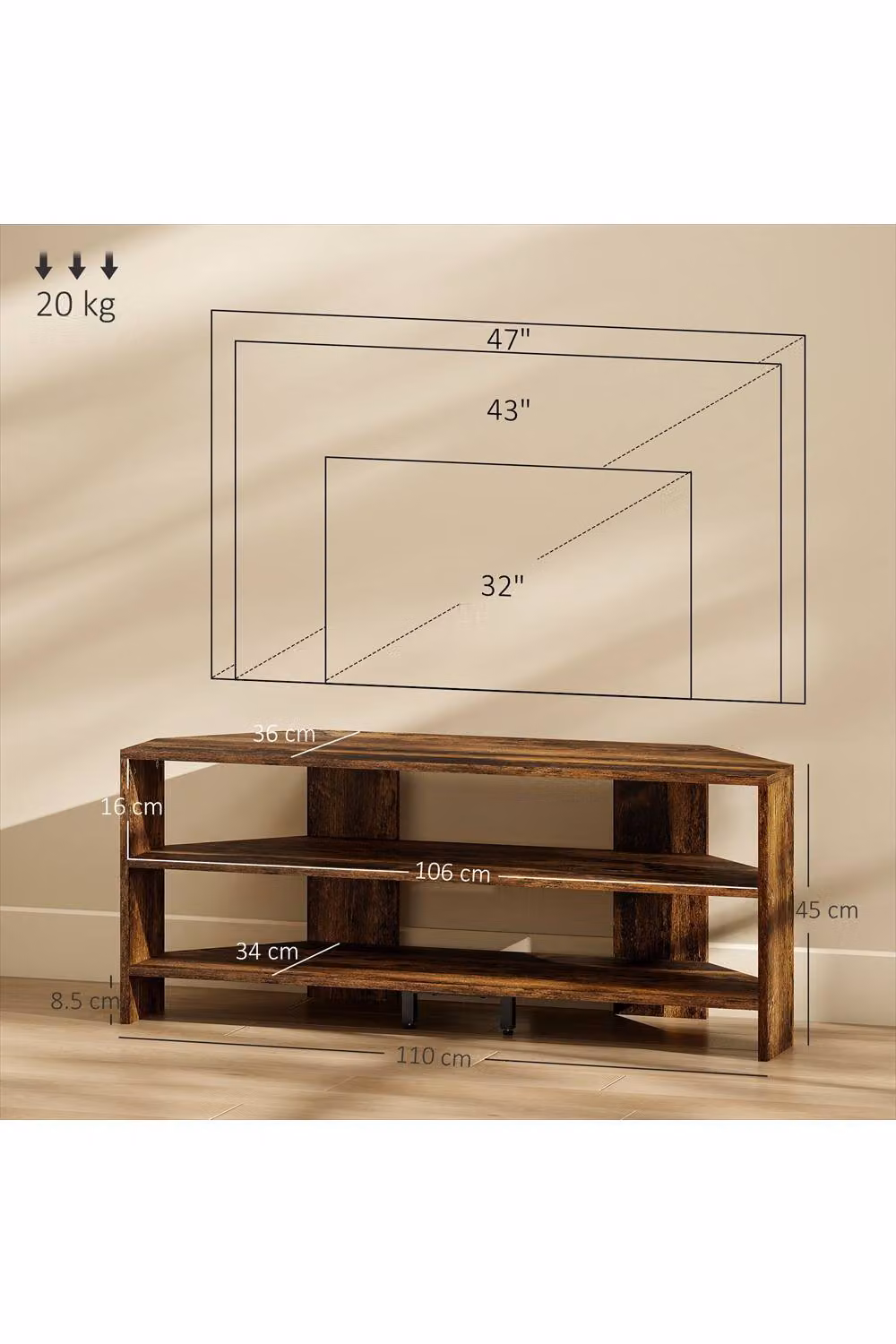ERGOVEXA Corner TV Stand with 2 Open Shelves for 47 Inch TVs, Rustic Brown, W/D/H: 110 x 45 x 36 cm – 2