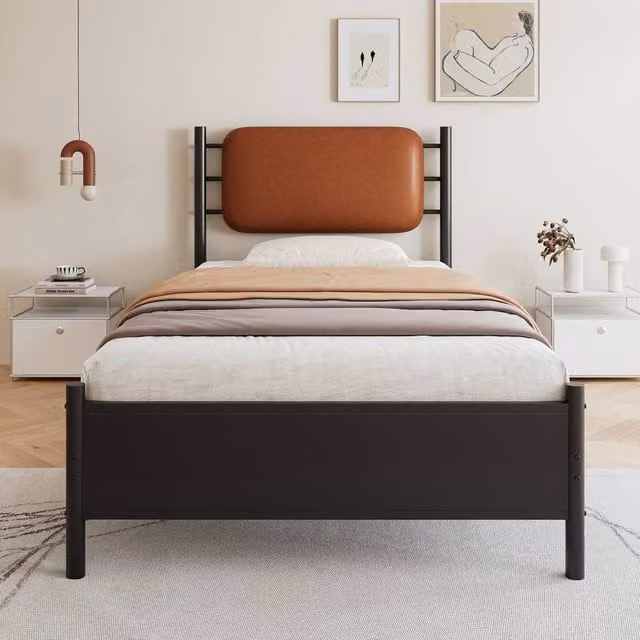 Merax Single Metal Bed Frame with Brown PU Upholstered Headboard, Black, W/D/H: 90 x 190 x 102.5 cm