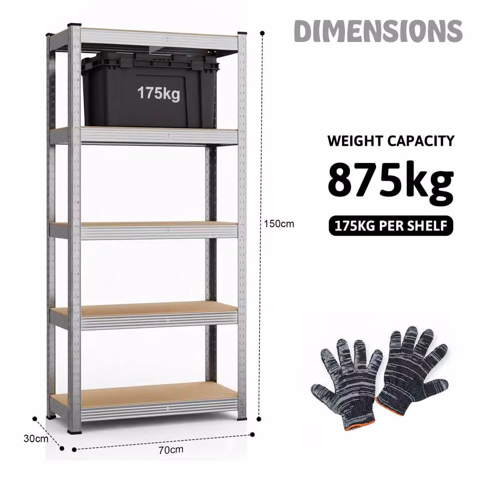 Crystals 2 Pack Heavy Duty 5 Tier Garage Shelving Units in Silver, W/D/H: 150 x 70 x 30 cm – 6