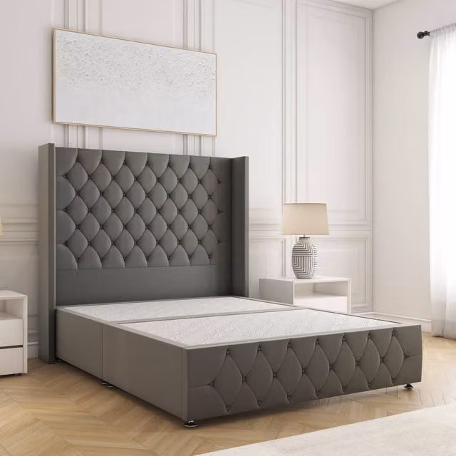 BSSPOKE Ruby Divan Bed with 54 inch Headboard in Grey Plush Velvet, Double, W/D/H: 140 x 200 cm