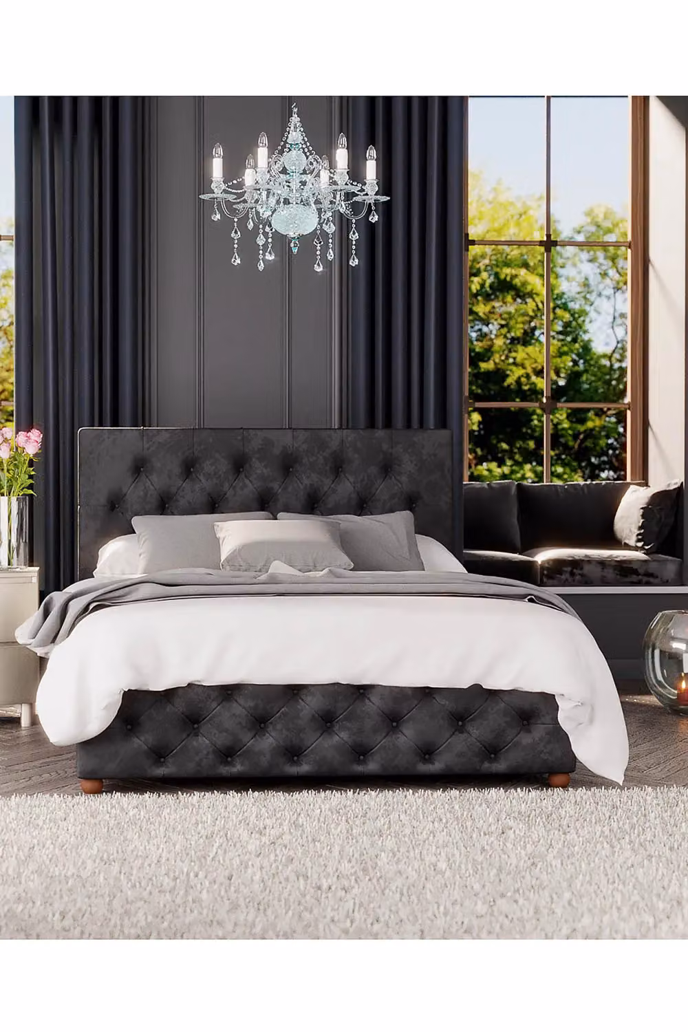 Laurence Llewelyn-Bowen Luna Ottoman Storage Bed in Black Mirazzi Velvet Fabric, Double (W: 140 cm, L: 200 cm) – 4