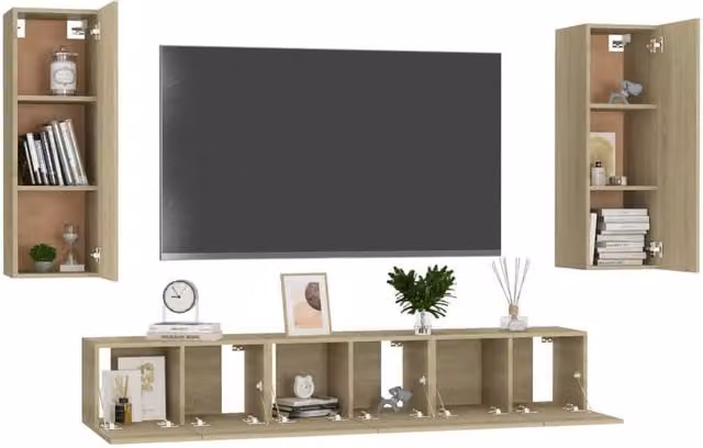 Berkfield Home 5 Piece TV Cabinet Set in Sonoma Oak and Light Tan Beige – 1