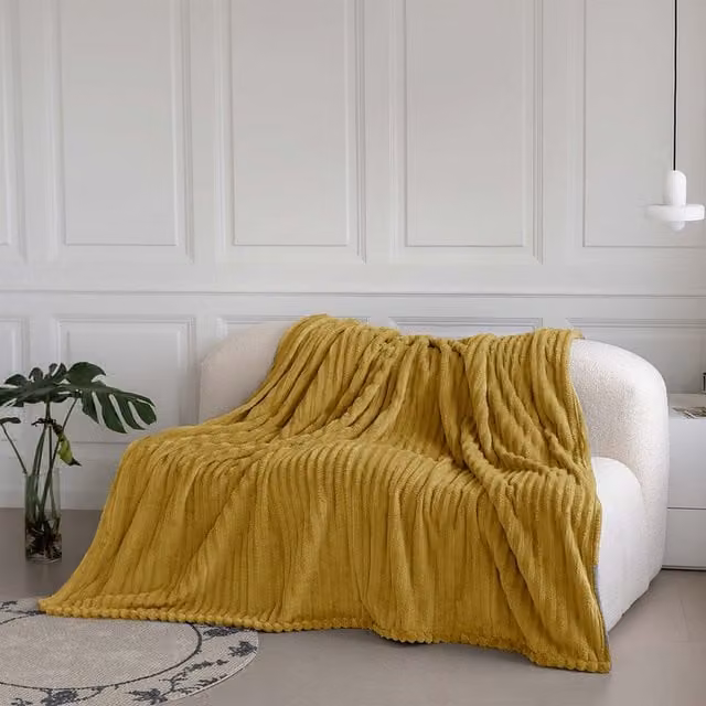 Velosso Yellow Striped Velvet Throw Blanket, W: 150 cm, L: 200 cm