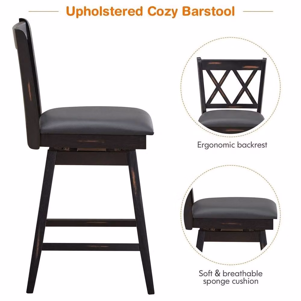 Havendro Set of 2 Modern Counter Height Bar Stools with 360 Swivel Upholstered Seats in Black – 3