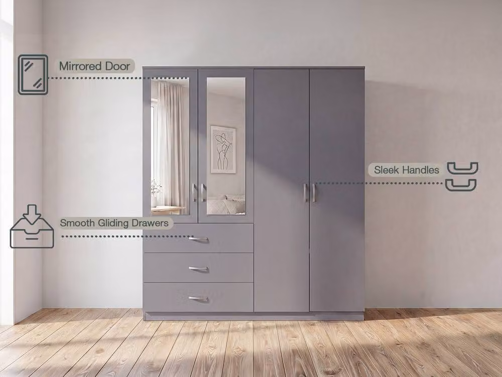 Vida Designs Riano Grey Mirrored 4 Door 3 Drawer Wardrobe – 3