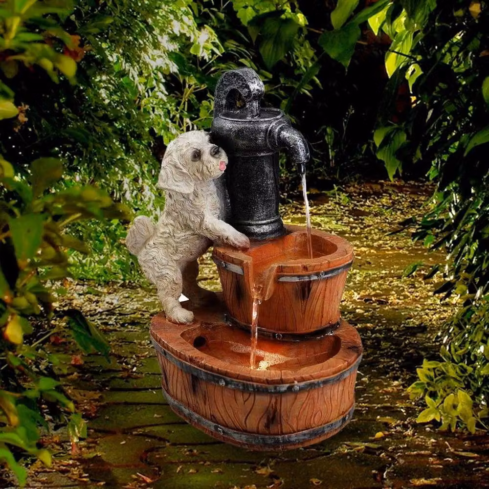 FLAVORA Solar LED Puppy Water Fountain in Brown – 5