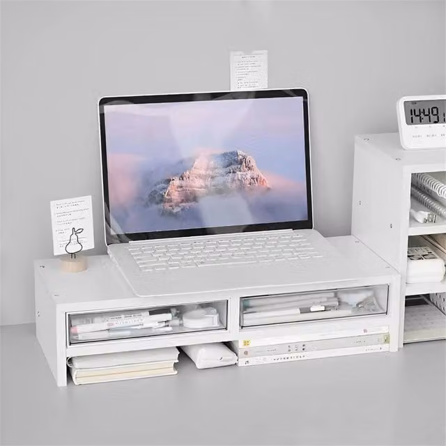 VOGREX White Wooden Computer Monitor Stand and Laptop TV Riser Shelf – 1