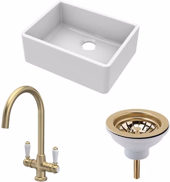 Balterley White Ceramic 1 Bowl Butler Sink with Brushed Brass Pop Up Waste, Width: 59.5 cm