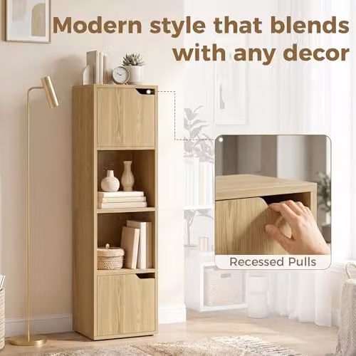 HOMCOM 4-Tier Oak Bookcase with 2 Cabinets and Open Shelves, Brown – 3
