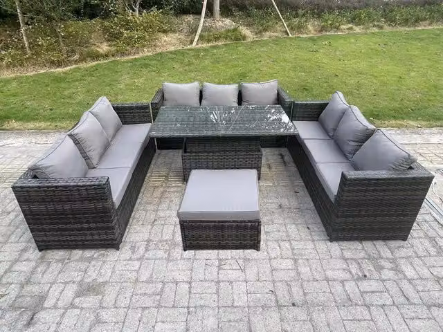 Fimous 10 Seater Rattan Garden Furniture Set with Adjustable Lifting Dining Table and Large Footstool in Dark Grey