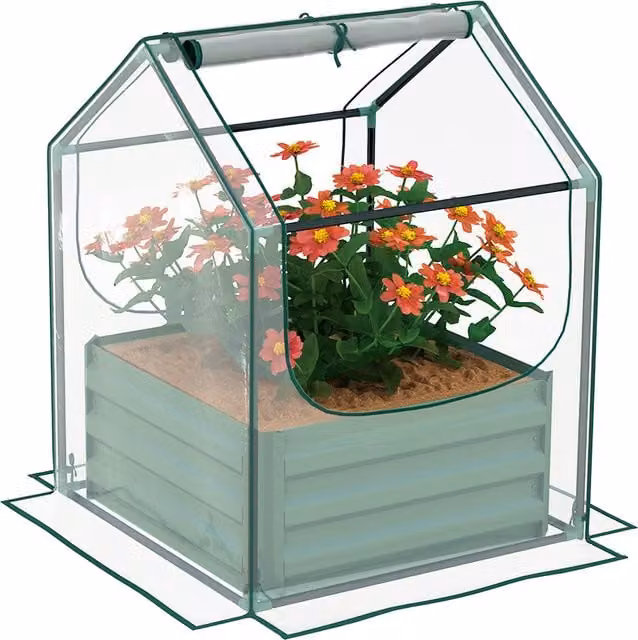 Outsunny Green Raised Garden Planter Bed with Cover, W/D/H: 61 x 61 x 29.5 cm