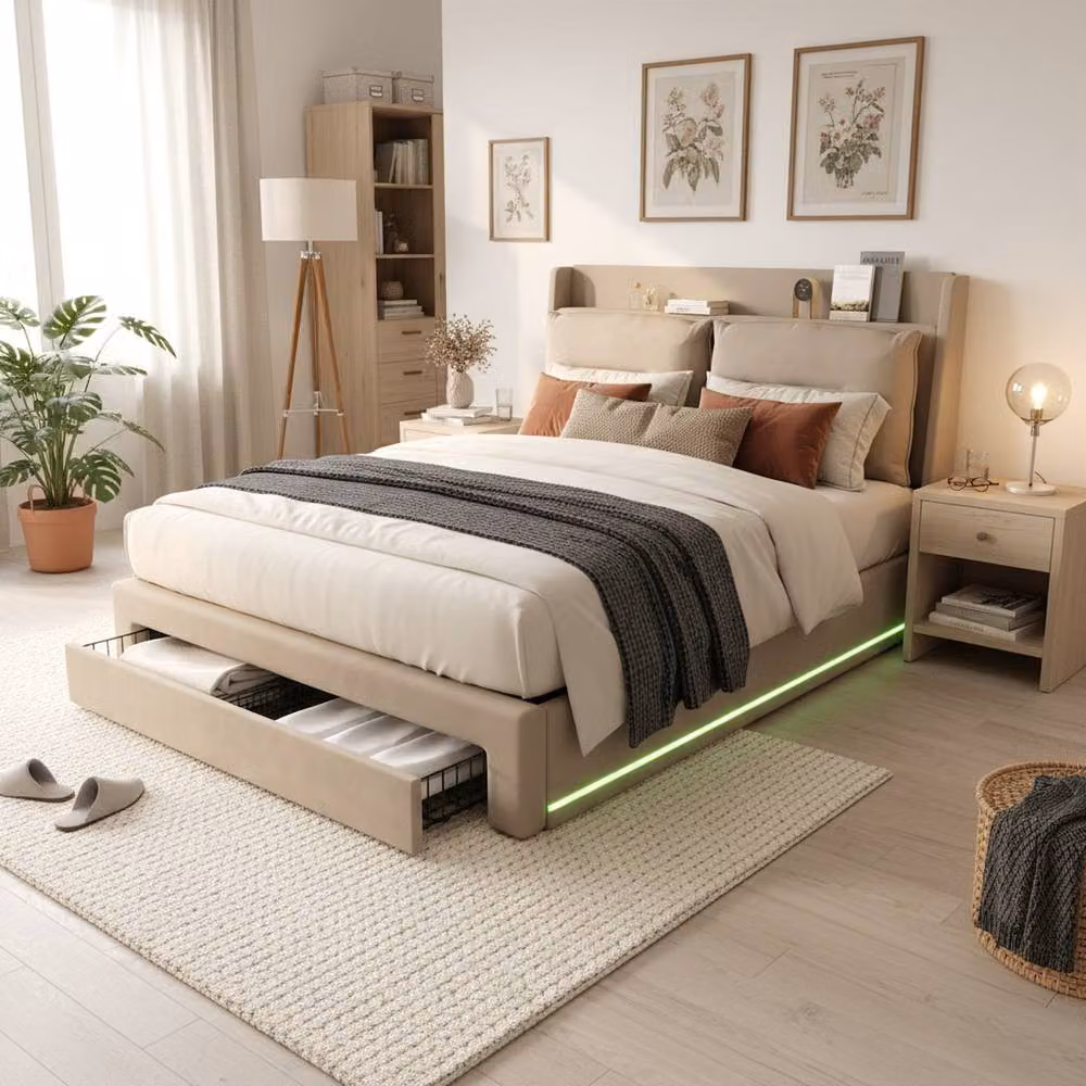 STILVORA Upholstered Velvet Double Bed in Beige with Under-Bed LED Lighting and Bedside Shelf, W/D/H: 140 x 200 x 137 cm – 2