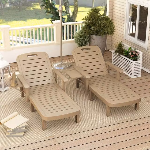 Outsunny Set of 2 Khaki Resin Reclining Sun Loungers for Garden with Adjustable Headrests