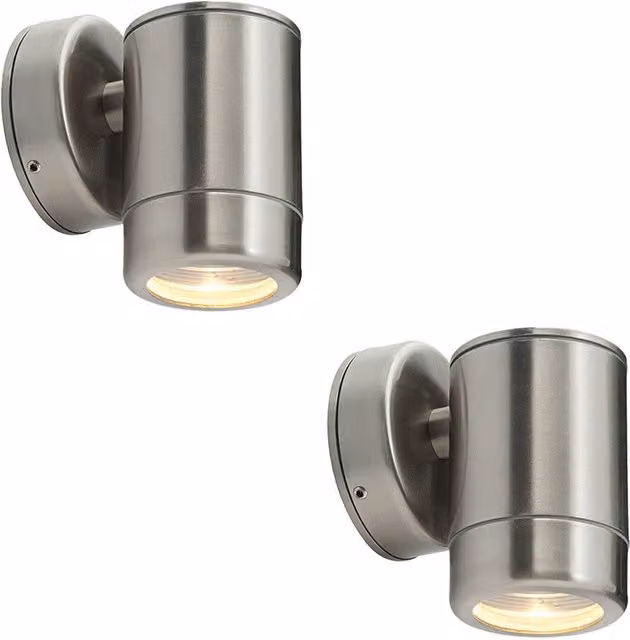 Loops 2 Pack Outdoor IP65 Wall Downlight, Dimmable 7W LED GU10, Silver Stainless Steel and Glass – 1