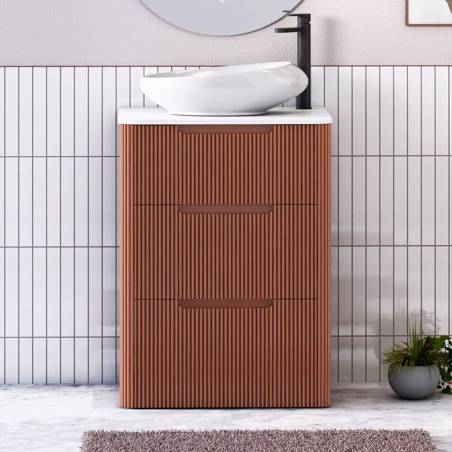 Royal Bathrooms Avenza 600mm Terracotta Clay Floor Standing 3 Drawer Vanity Unit with White Worktop and Nova Basin