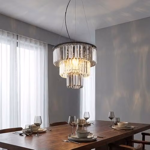 Globo Lighting Black Metal Chandelier Pendant Light with Smoke Glass Crystals and 3 x E27 Bulbs, H 120 cm x W 40 cm x D 40 cm – 3