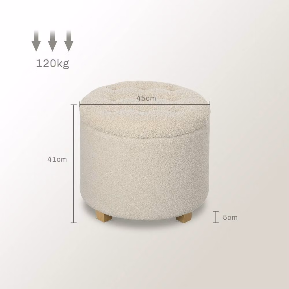 HOMCOM Round Storage Ottoman in Cream White Bouclé Fabric, Diameter: 45 cm – 2