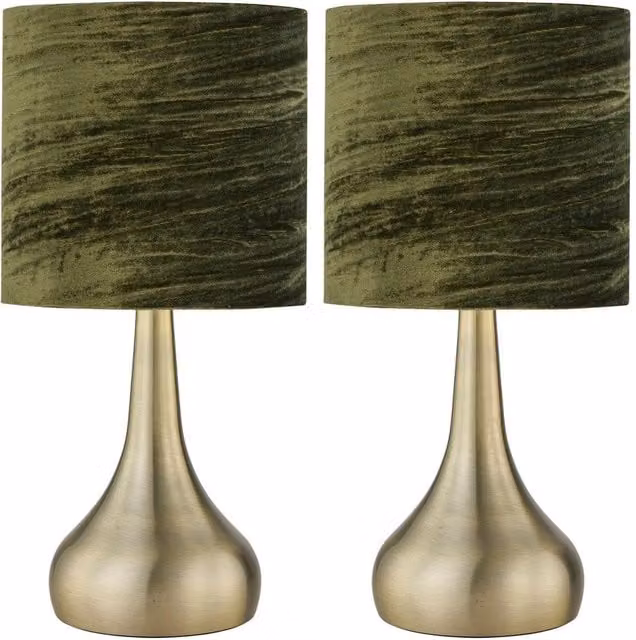 First Choice Lighting Romana Set of 2 Antique Brass Touch Table Lamps with Green Fabric Shades