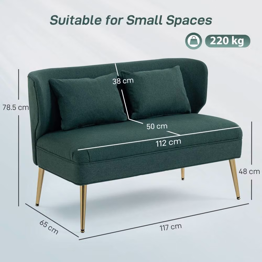 Wyld Haus Madi 2 Seater Wingback Sofa in Dark Green Linen Effect Fabric with Gold Metal Legs, W/D/H: 117 x 78.5 x 65 cm – 3