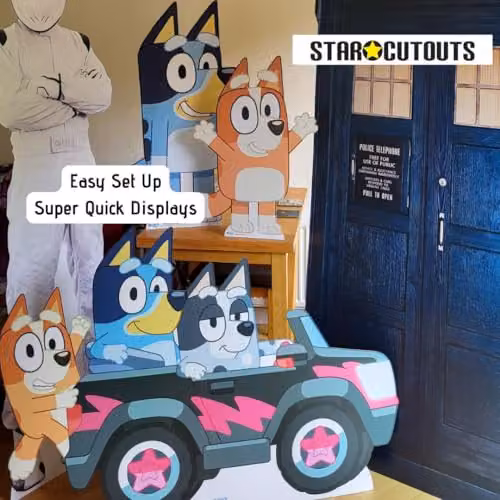 Star Cutouts SC4533 Bluey, Bingo and Muffin Driving Cardboard Cutout, Multicolour, Height: 93 cm – 2