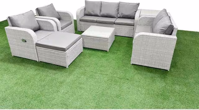 Fimous 7-Piece PE Rattan Garden Furniture Set in Light Grey with Powder Coated Steel Frame and Upholstered Cushions