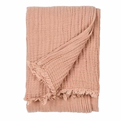 Riva Home Pink Cotton Muslin Woven Throw with Fringes W/D/H: 240 x 260 cm – 1