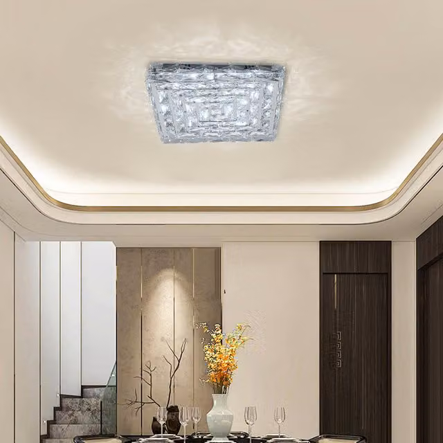 Livingandhome Square Crystal LED Ceiling Light in Cool White, 40 cm