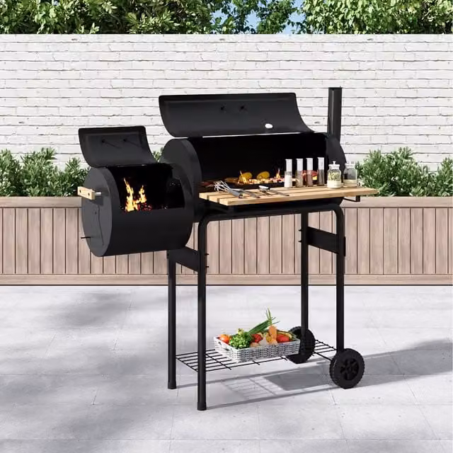 Breeins Black Charcoal BBQ Grill with Stainless Steel Cart, W: 115.5 cm