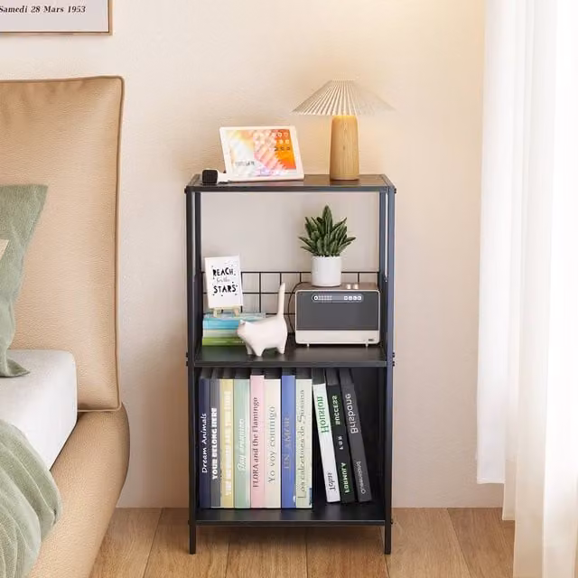 Huhote 3-Tier Black Vinyl Record Player Stand and Storage Side Table