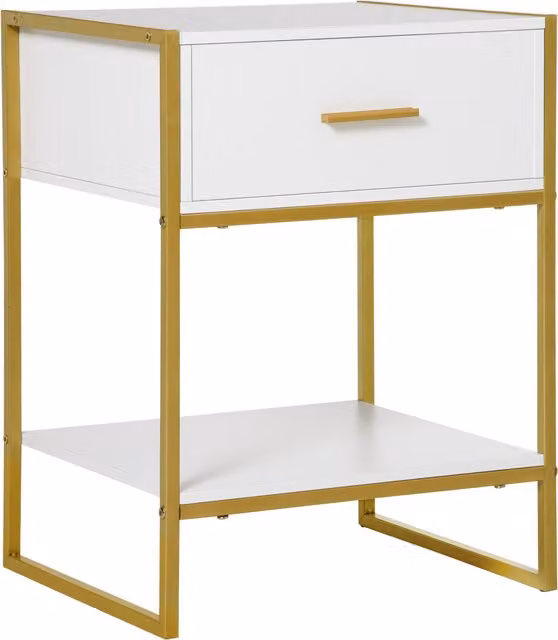 HOMCOM Contemporary Bedside Cabinet with Drawer and Shelf in White and Gold