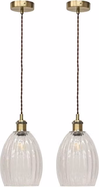 First Choice Lighting Birch Set of 2 Retro Pendant Lights with Transparent Fluted Glass and Antique Brass Finish