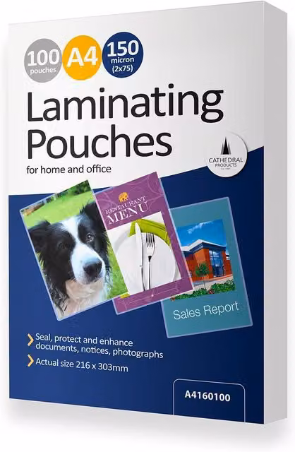 A4 Glossy Laminating Pouches, 150 Micron, 100 Pack, Transparent/White, Width: 30.3 cm