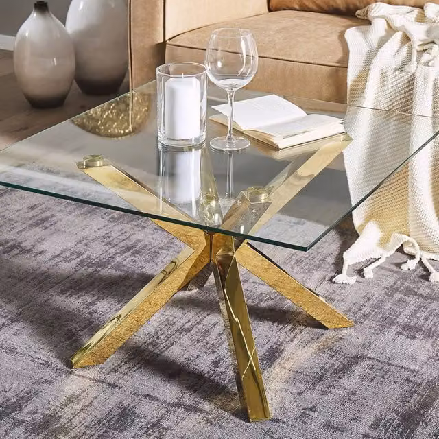 Wyld and Coco Gold Glass Coffee Table with Transparent Tempered Glass Top and Glossy Gold Metal Legs, W/D/H: 70 x 70 x 44 cm