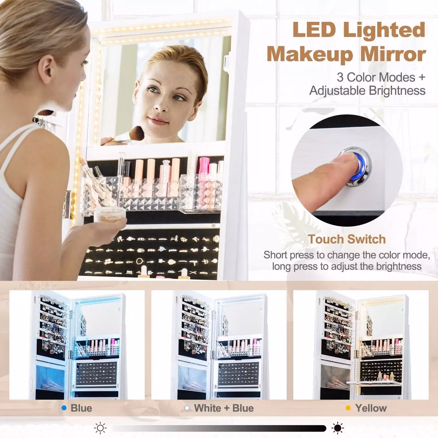 Costway 360 Swivel Lockable Jewelry Makeup Armoire with LED Lights and Mirror in White – 4
