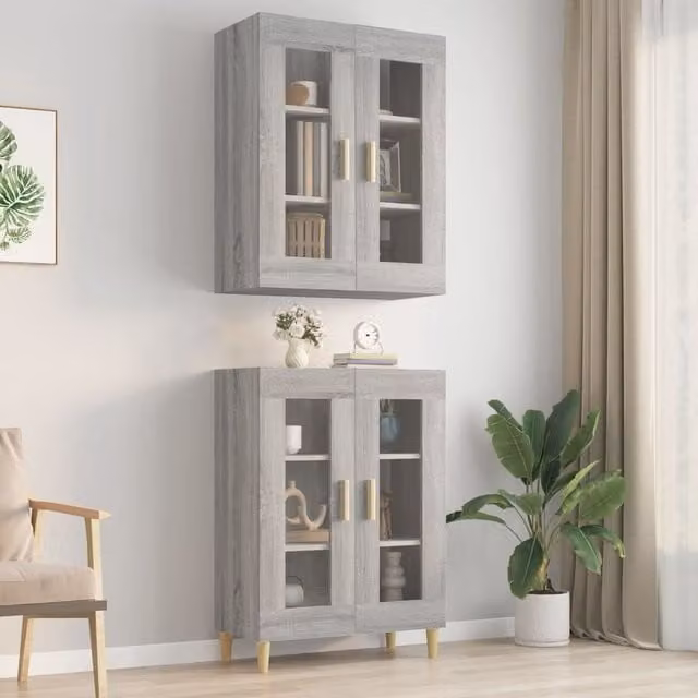 Berkfield Home Grey Sonoma Hanging Wall Cabinet with Glass Doors, W/D/H: 69.5 x 34 x 90 cm