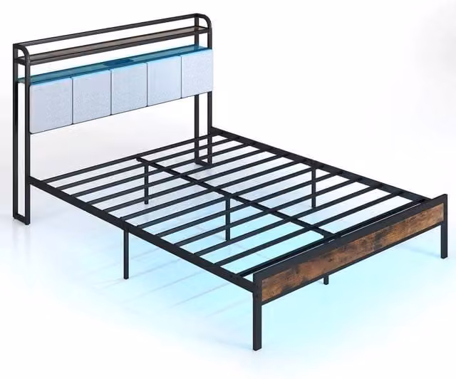 KORVIXA King Size Metal Slats Platform Bed Frame in Black with Under-Bed Lighting and USB Charging Ports – 1