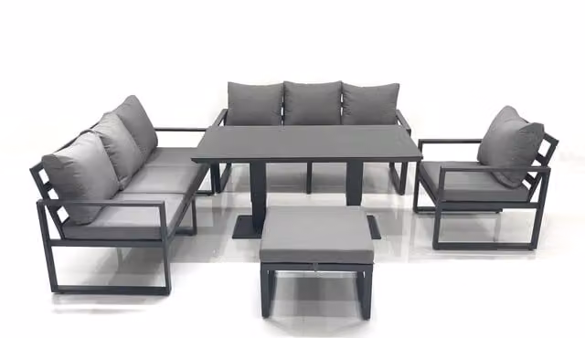 Fimous Outdoor Garden Furniture Set with Powder Coated Aluminium Lounge Sofa, Adjustable Height Dining Table and Large Footstool in Dark Grey
