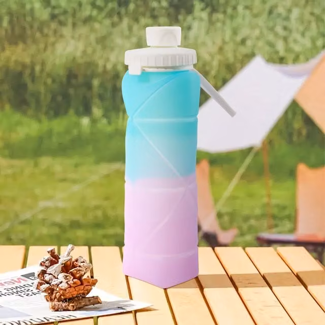 Livingandhome Collapsible Silicone Water Bottle, Leakproof and BPA Free, Blue and Pink, 600 ml