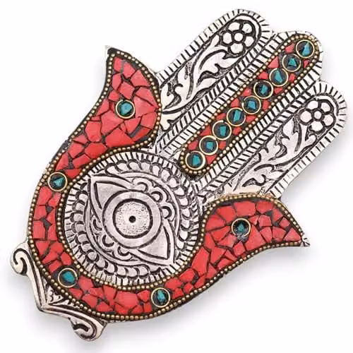 KDMD Red and Green Small Hamsa Metal Incense Holder, W/D/H: 5.5 x 13.0 x 5.5 cm – 1
