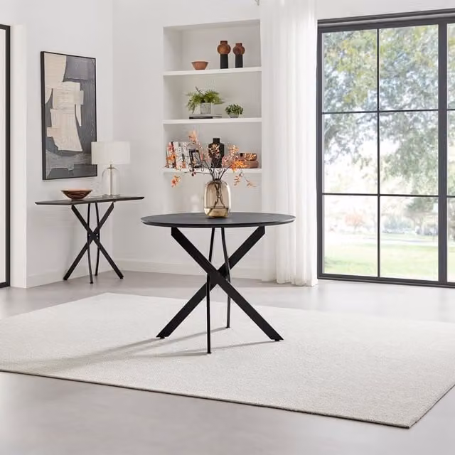 FurnitureboxUK Novara Round Black Industrial 4 Seater Dining Table with Wood and Metal Construction – 1