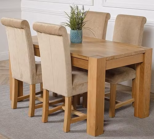 Oak Furniture King Kuba Solid Oak 4 Seater Dining Set with Washington Beige Upholstered Fabric Chairs, W/D/H: 150 x 85 x 75 cm
