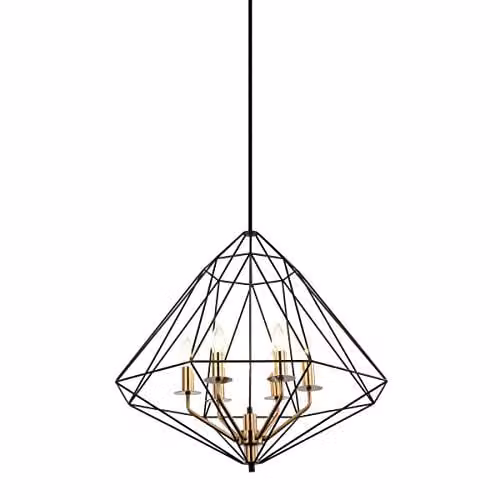 Netlighting Industrial Hanging Pendant in Black and Gold with 6 Black Shades, E14 Dimmable