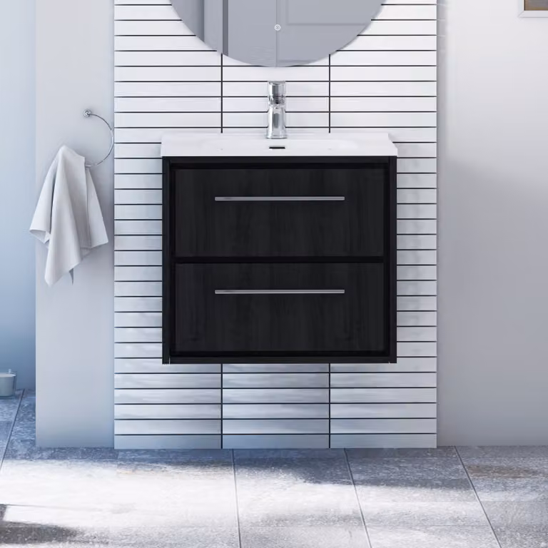 Livora Black Woodgrain Wall Hung Vanity Unit with 2 Drawers and Ceramic Basin, Width: 60 cm