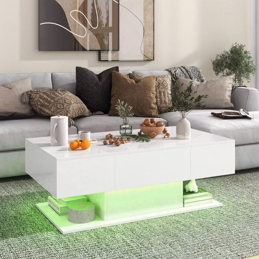 Gymax High Glossy 2-Tier Rectangular Coffee Table with LED Lights in White – 5