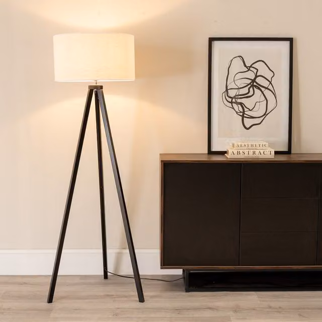 ValueLights Barbro Wood Tripod Floor Lamp with White Fabric Cylinder Shade